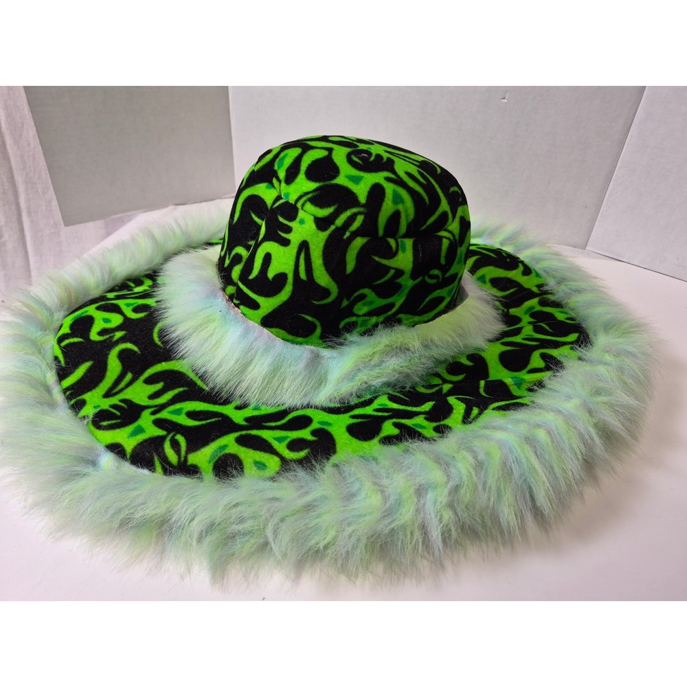 Neon Green Black Flame Print Wide Brim Hat Faux Fur Trim Festival Rave Halloween